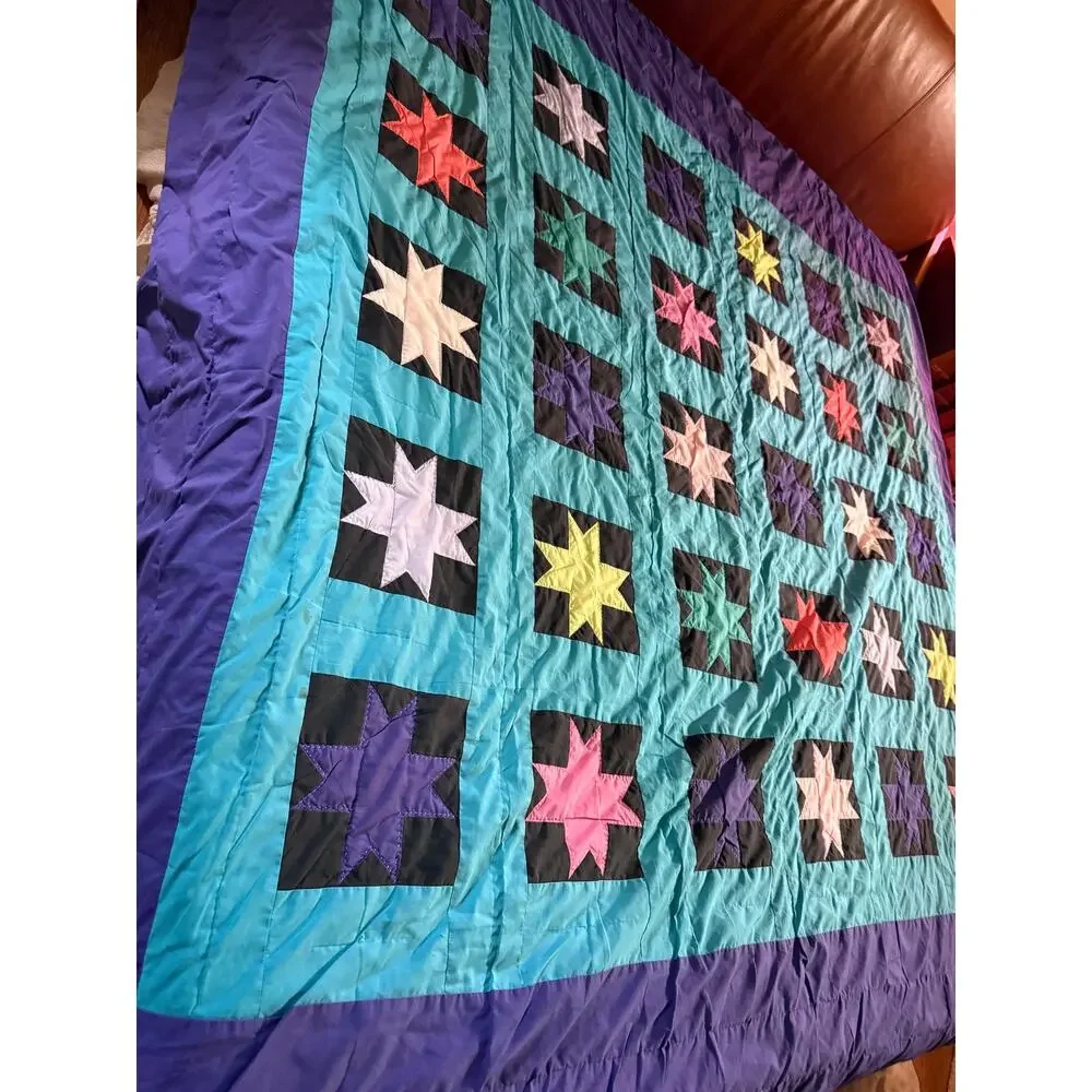 Vintage Handmade Patchwork Quilt King Size Hand Sewn Colorful Star Geometric